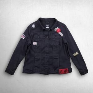 One 5 One Denim Trucker Jacket Women 1X Black Patches Button Up Pockets Grunge